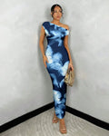 Oblique-Shoulder Asymmetrical Printed Bodycon Dress