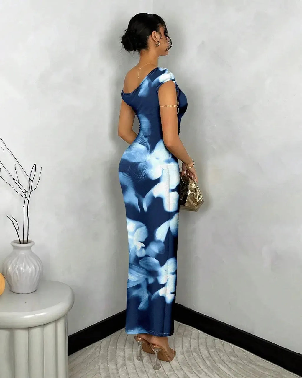 Oblique-Shoulder Asymmetrical Printed Bodycon Dress