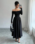 Off-Shoulder Pleated Elegant Long-Sleeve Maxi Dress