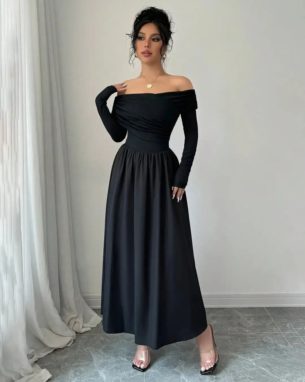 Off-Shoulder Pleated Elegant Long-Sleeve Maxi Dress