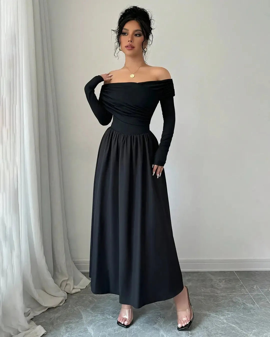 Off-Shoulder Pleated Elegant Long-Sleeve Maxi Dress