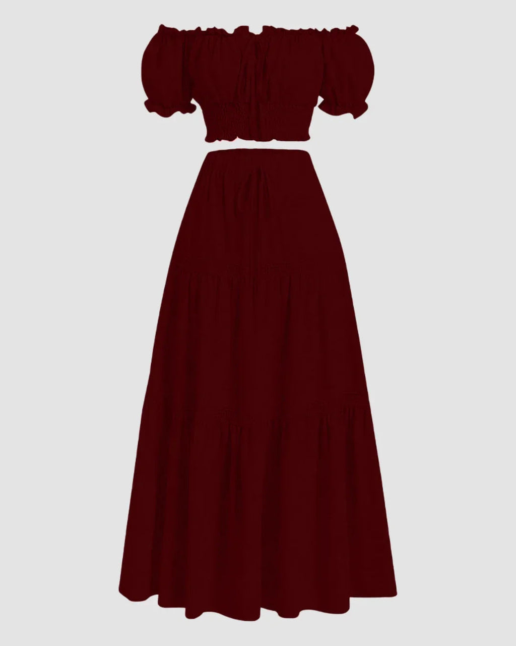 Off-Shoulder Puff Sleeve Slim Fit Top and A-Line Solid Skirt Set in Burgundy