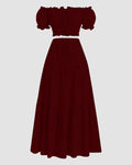 Off-Shoulder Puff Sleeve Slim Fit Top and A-Line Solid Skirt Set in Burgundy