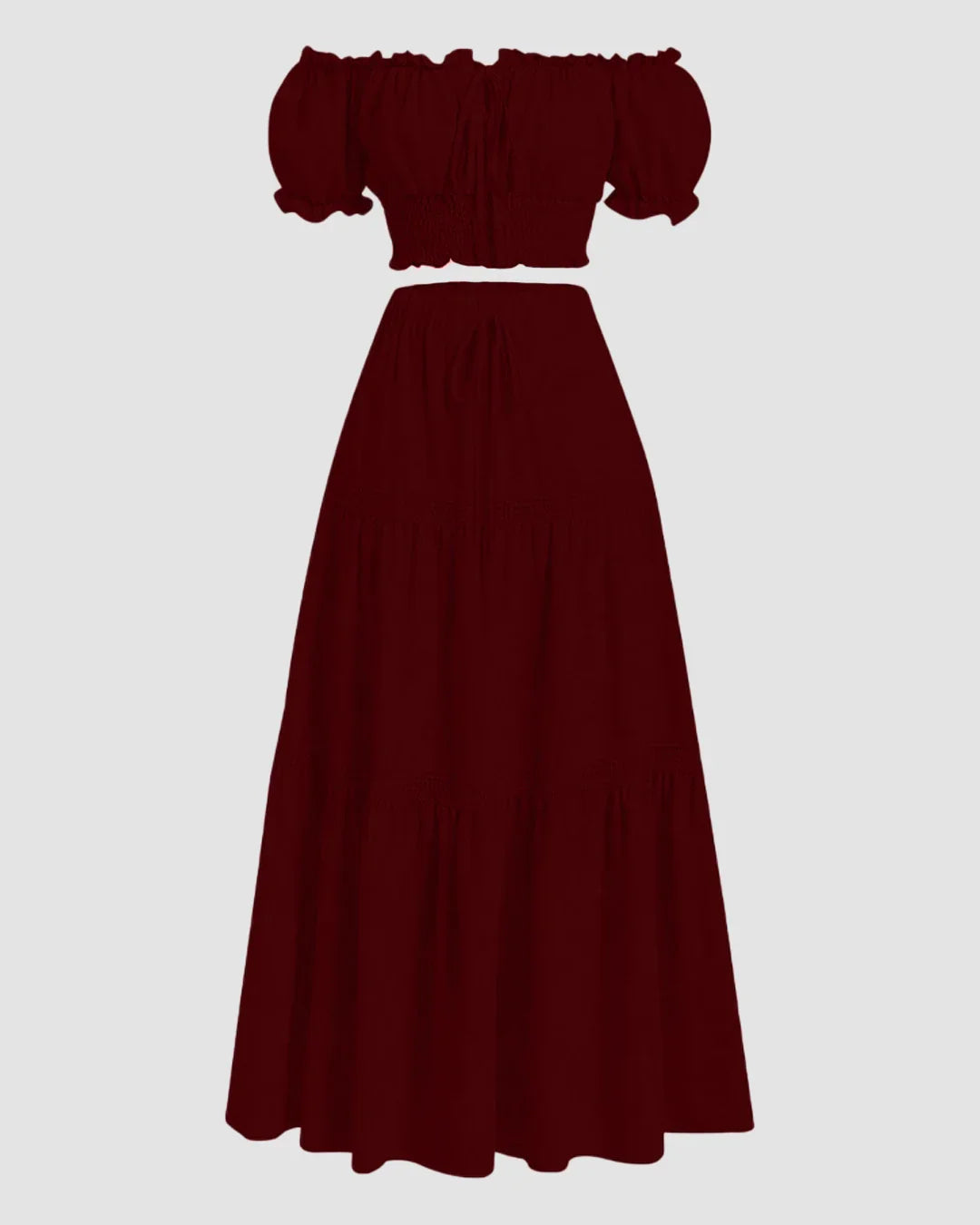 Off-Shoulder Puff Sleeve Slim Fit Top and A-Line Solid Skirt Set in Burgundy
