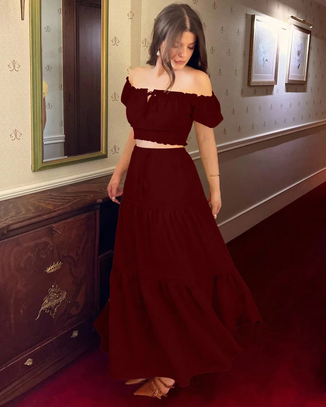 Off-Shoulder Puff Sleeve Slim Fit Top and A-Line Solid Skirt Set in Burgundy