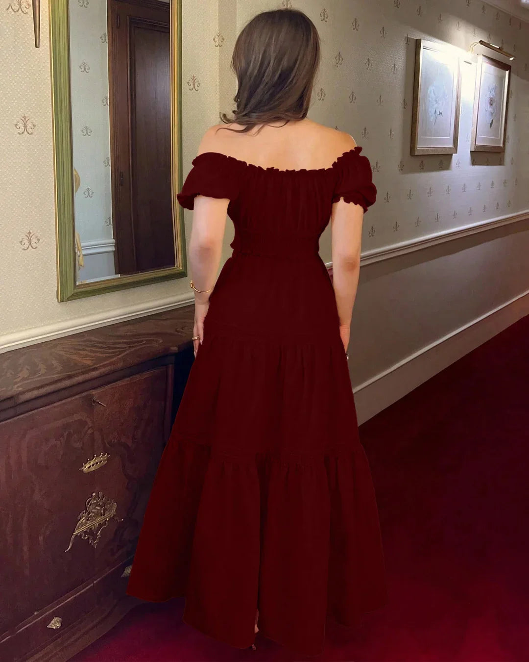 Off-Shoulder Puff Sleeve Slim Fit Top and A-Line Solid Skirt Set in Burgundy