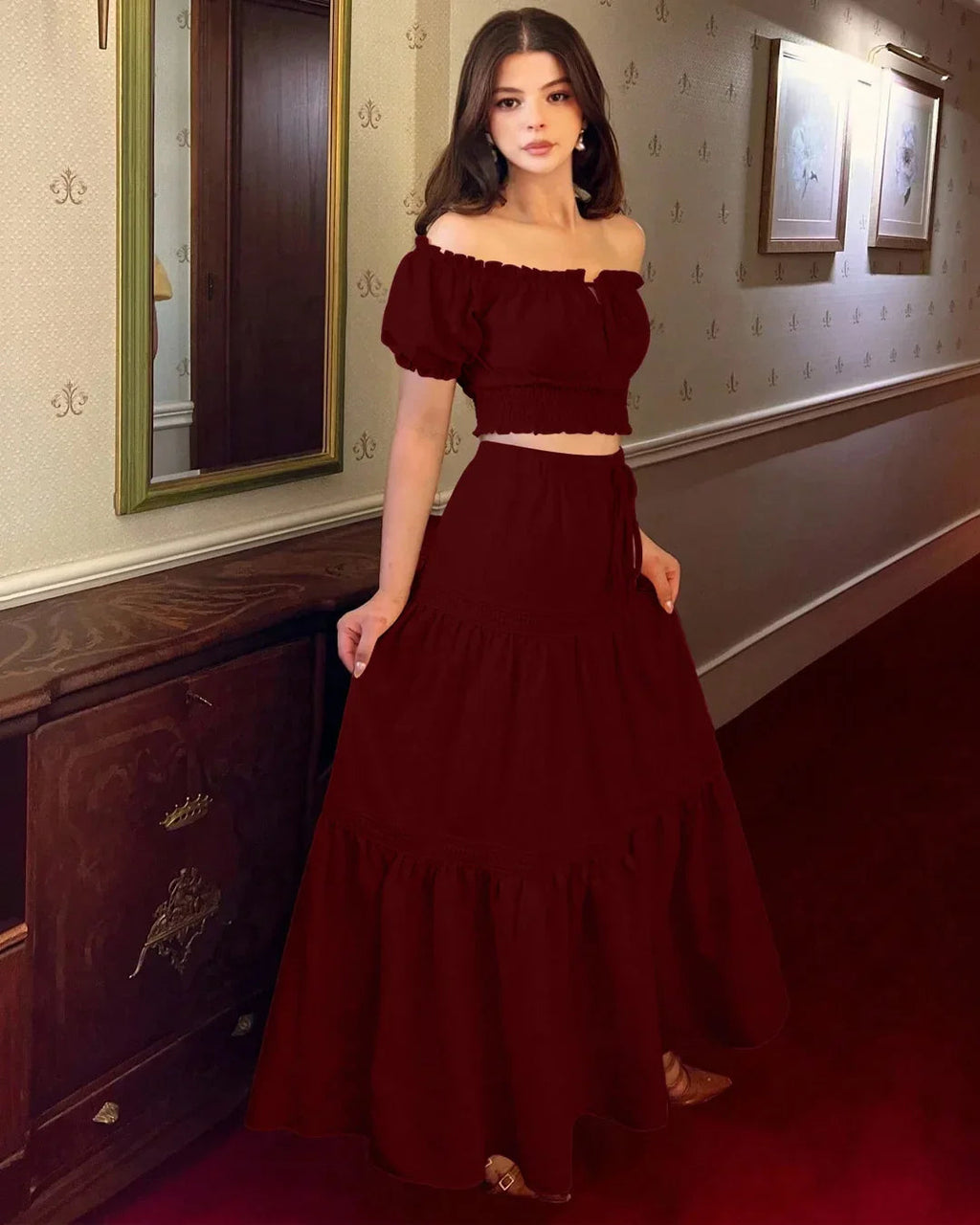 Off-Shoulder Puff Sleeve Slim Fit Top and A-Line Solid Skirt Set in Burgundy