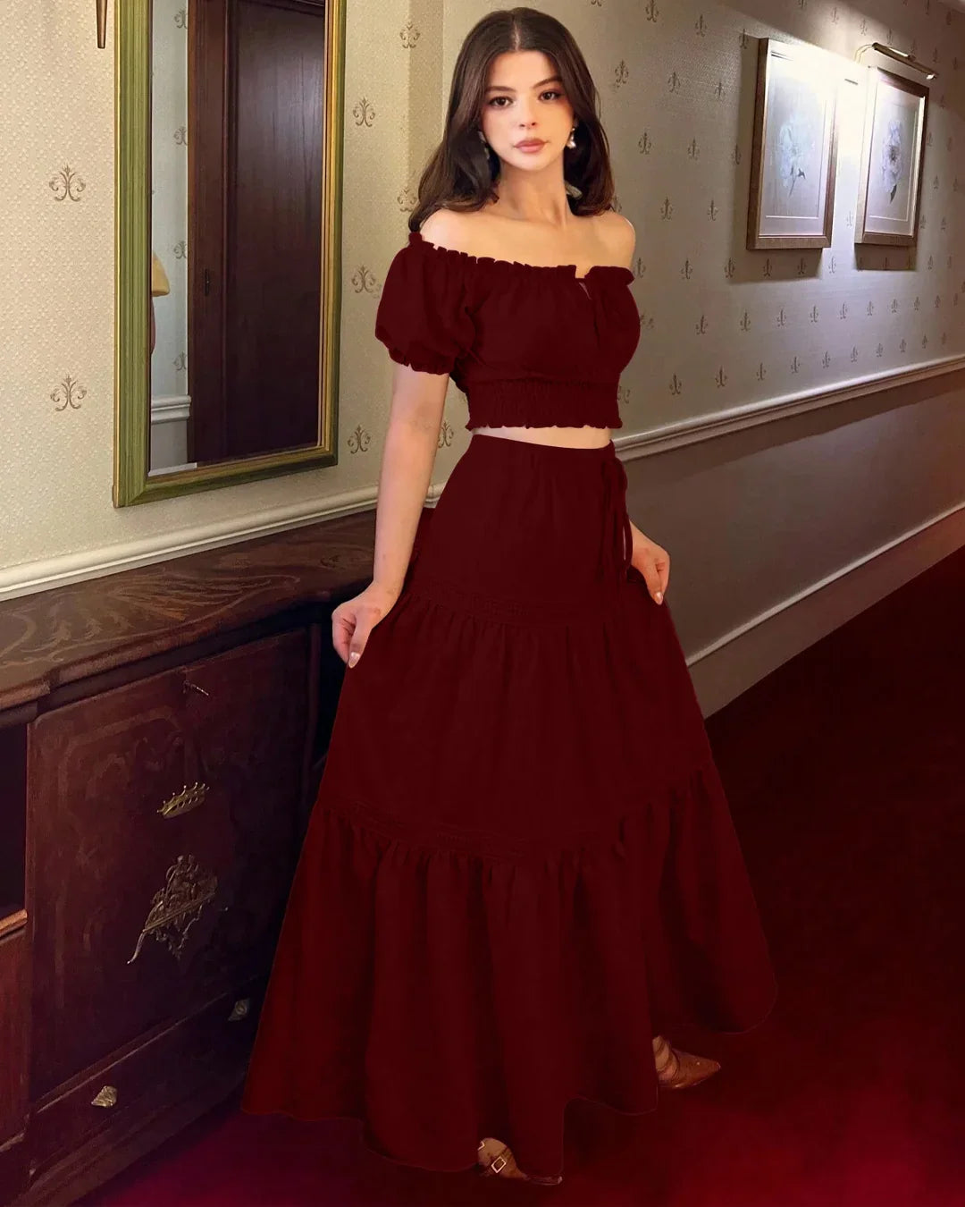 Off-Shoulder Puff Sleeve Slim Fit Top and A-Line Solid Skirt Set in Burgundy