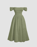 Off-Shoulder Ruffled Midi Dress with Puffed Sleeves In Herbal Green