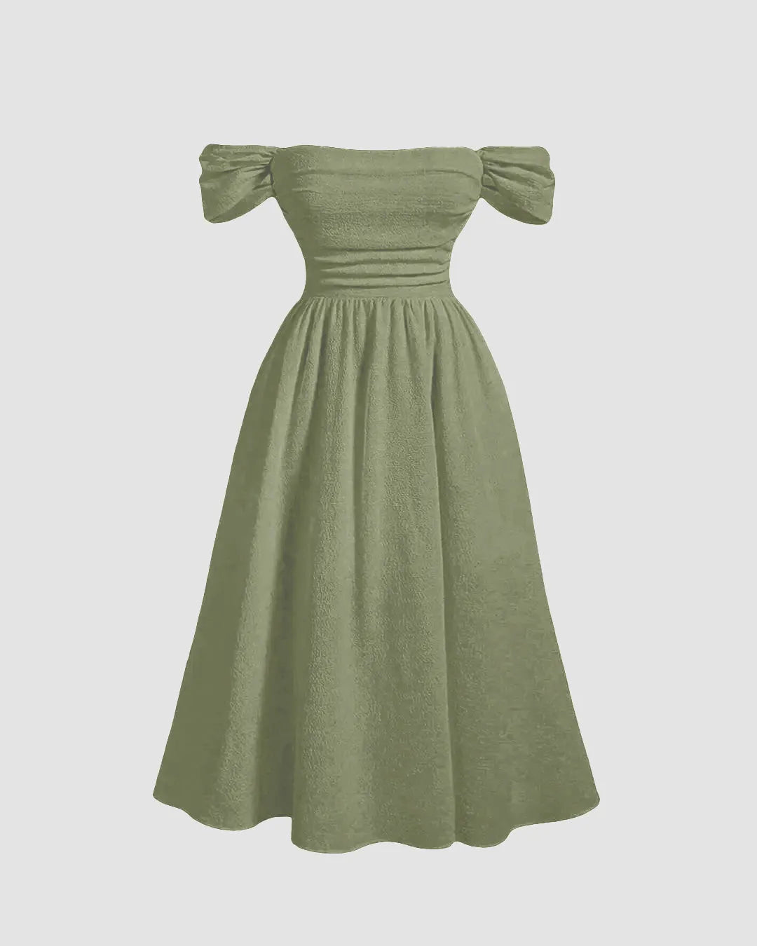Off-Shoulder Ruffled Midi Dress with Puffed Sleeves In Herbal Green