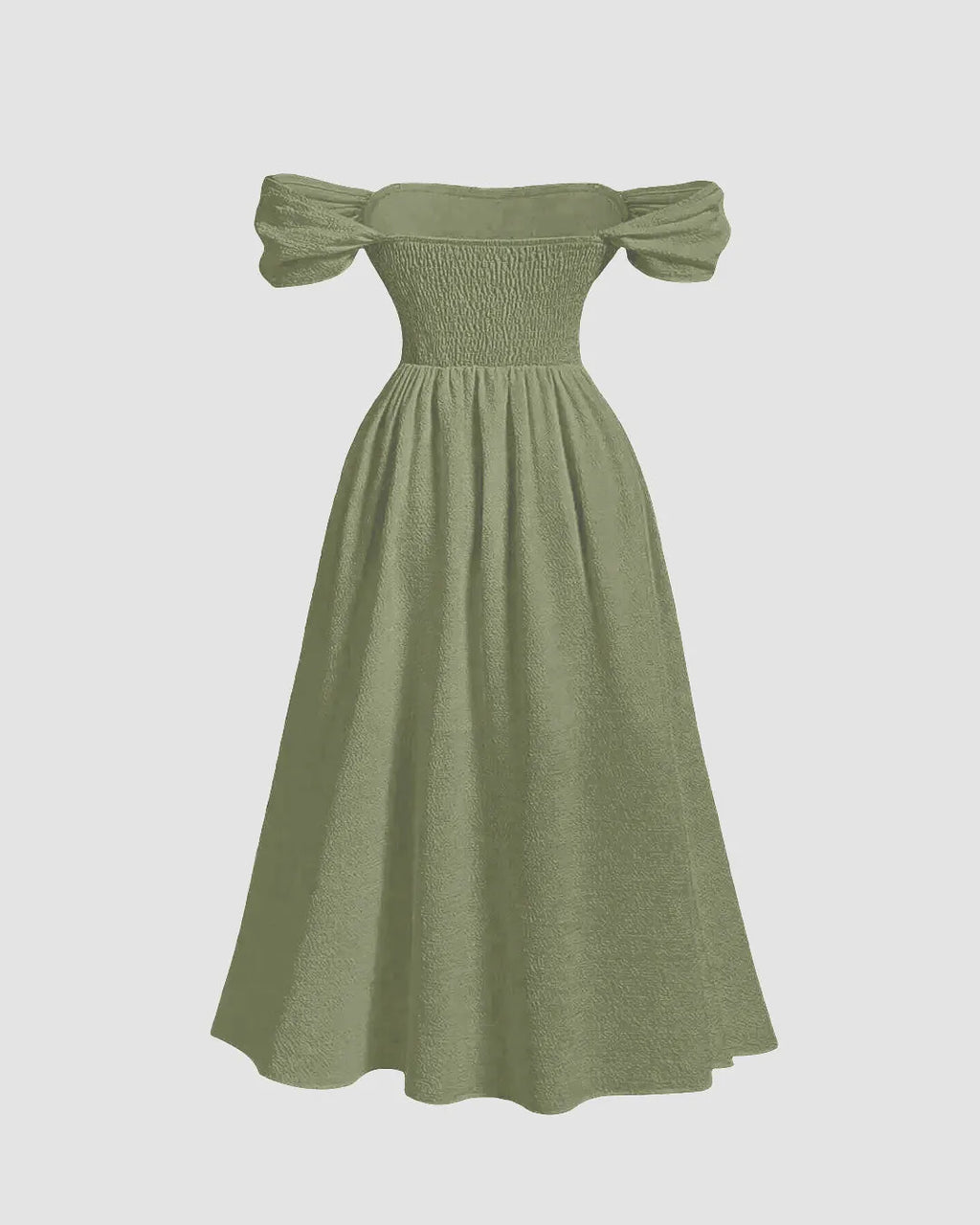 Off-Shoulder Ruffled Midi Dress with Puffed Sleeves In Herbal Green