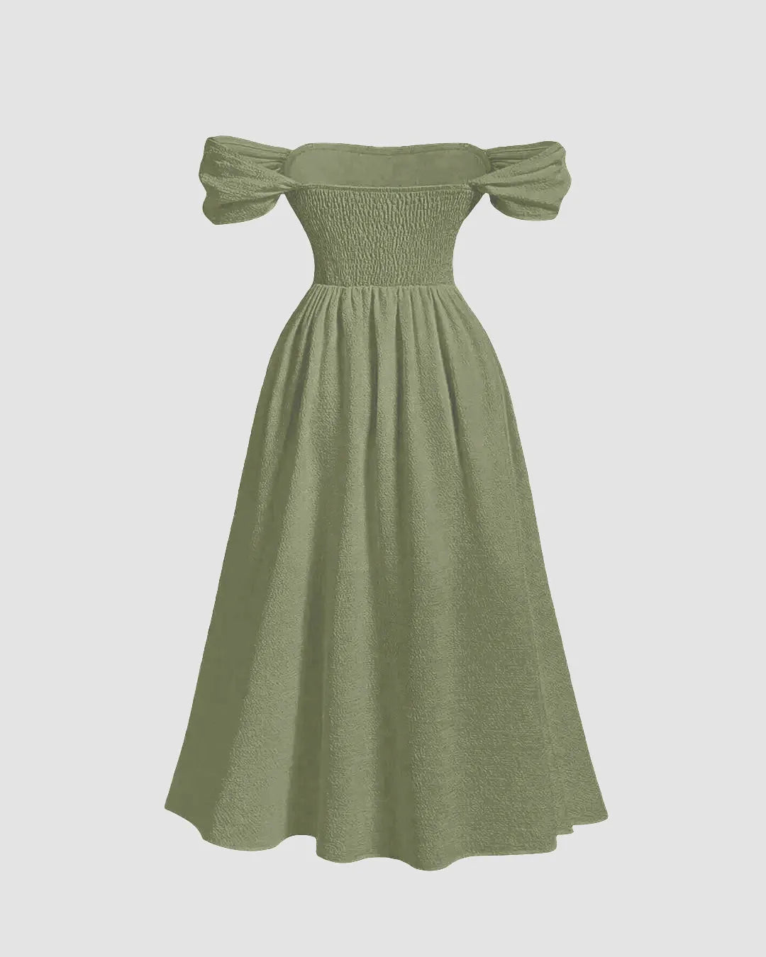 Off-Shoulder Ruffled Midi Dress with Puffed Sleeves In Herbal Green