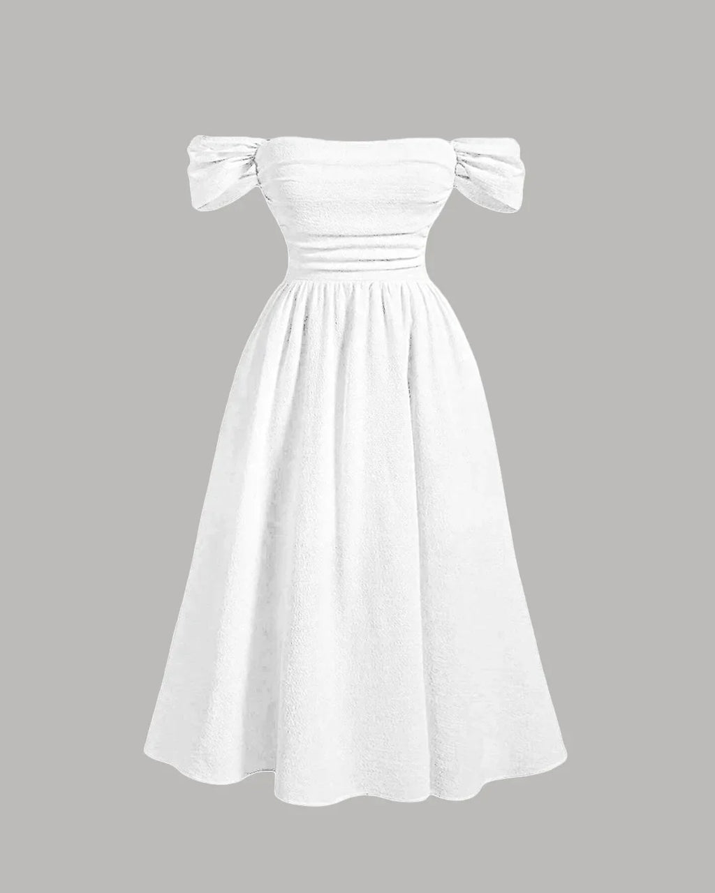 Off-Shoulder Ruffled Midi Dress with Puffed Sleeves In Off - White
