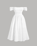 Off-Shoulder Ruffled Midi Dress with Puffed Sleeves In Off - White