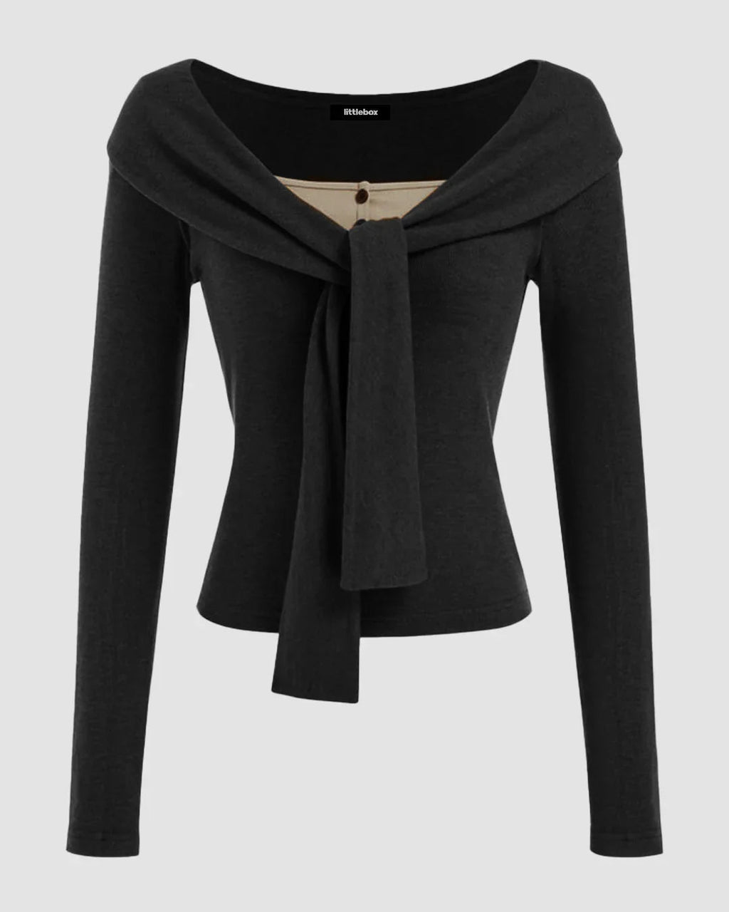 Off-Shoulder Slim Fit Straight Hem Solid Long Sleeve Crop Top in Black