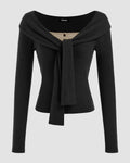 Off-Shoulder Slim Fit Straight Hem Solid Long Sleeve Crop Top in Black