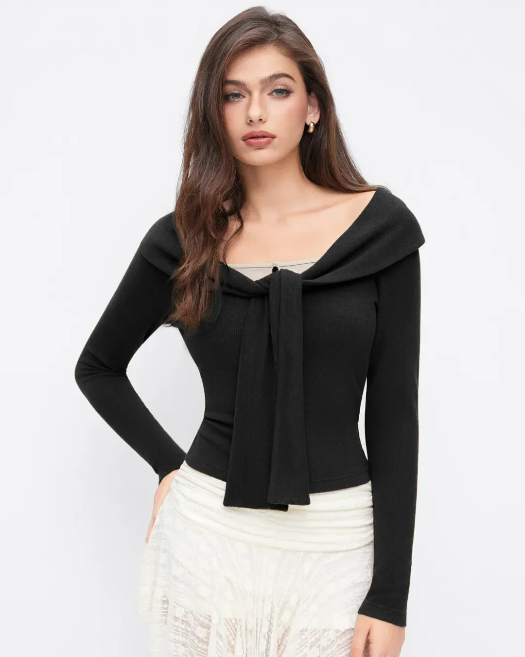 Off-Shoulder Slim Fit Straight Hem Solid Long Sleeve Crop Top in Black