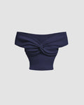 Off-Shoulder Soft Ribbed Knit Crop Top In Navy Blue