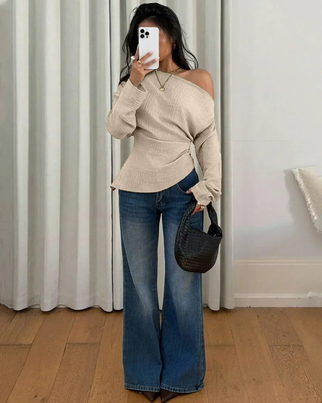 Off-Shoulder Solid Color Asymmetrical Neck Top in Beige