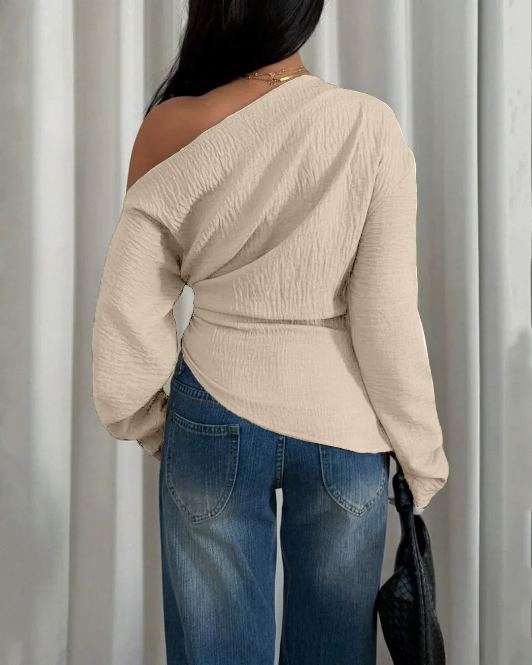 Off-Shoulder Solid Color Asymmetrical Neck Top in Beige