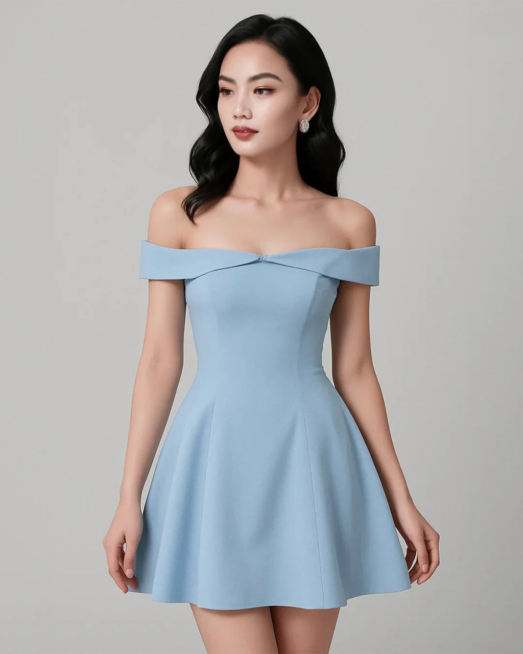 Off Shoulder Fit and Flare Blue Mini Dress