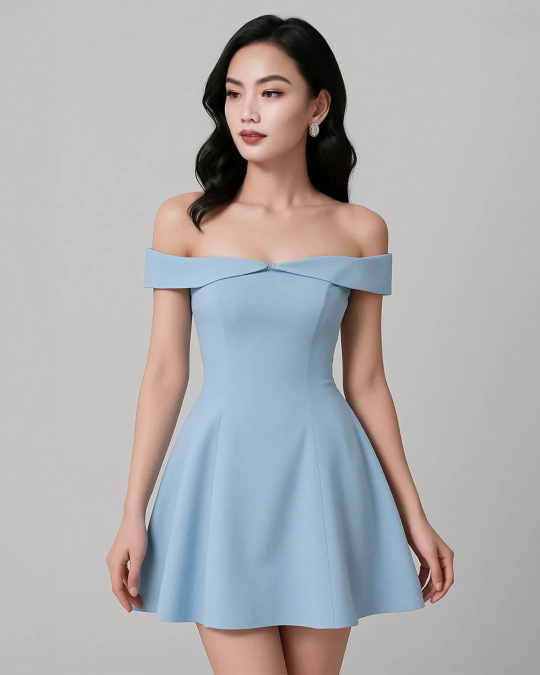 Off Shoulder Fit and Flare Blue Mini Dress