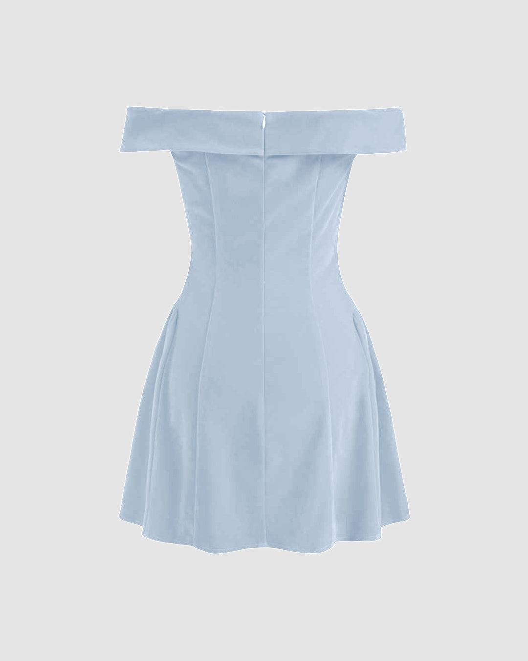 Off Shoulder Fit and Flare Blue Mini Dress
