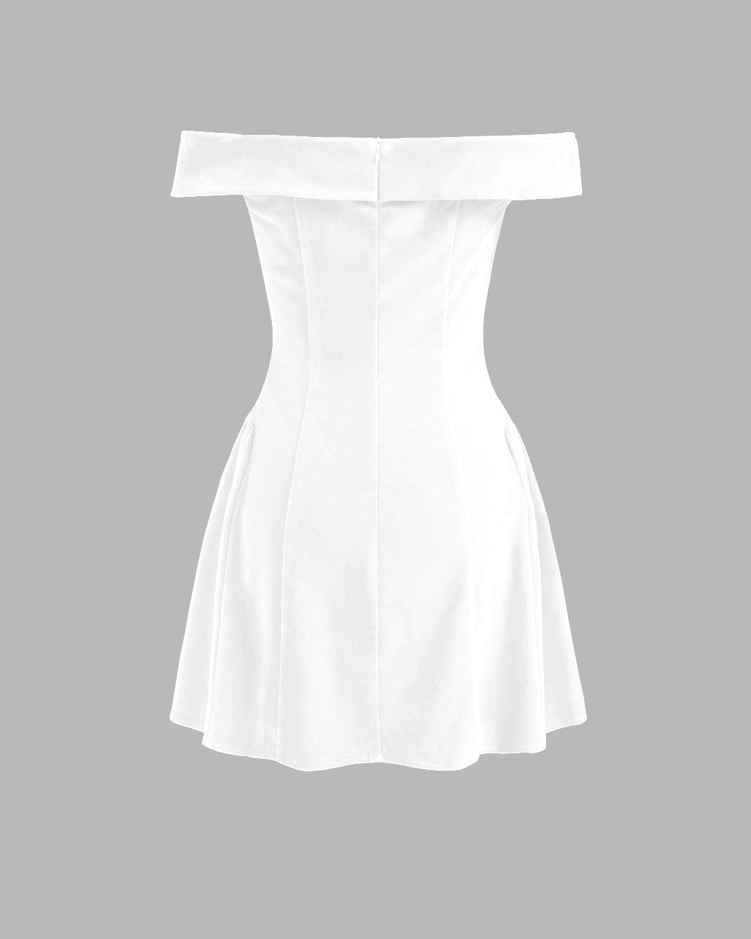 Off- Shoulders Solid Zipper White Mini Dress