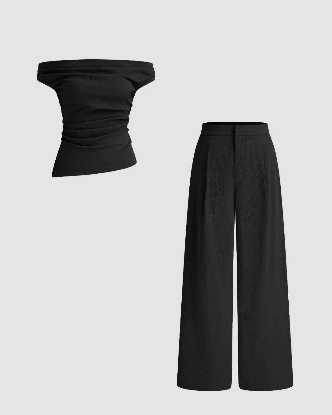 Off-shoulder Solid Texture Ruched Top With Mid Rise Solid Texture Straight Leg Trousers In Black