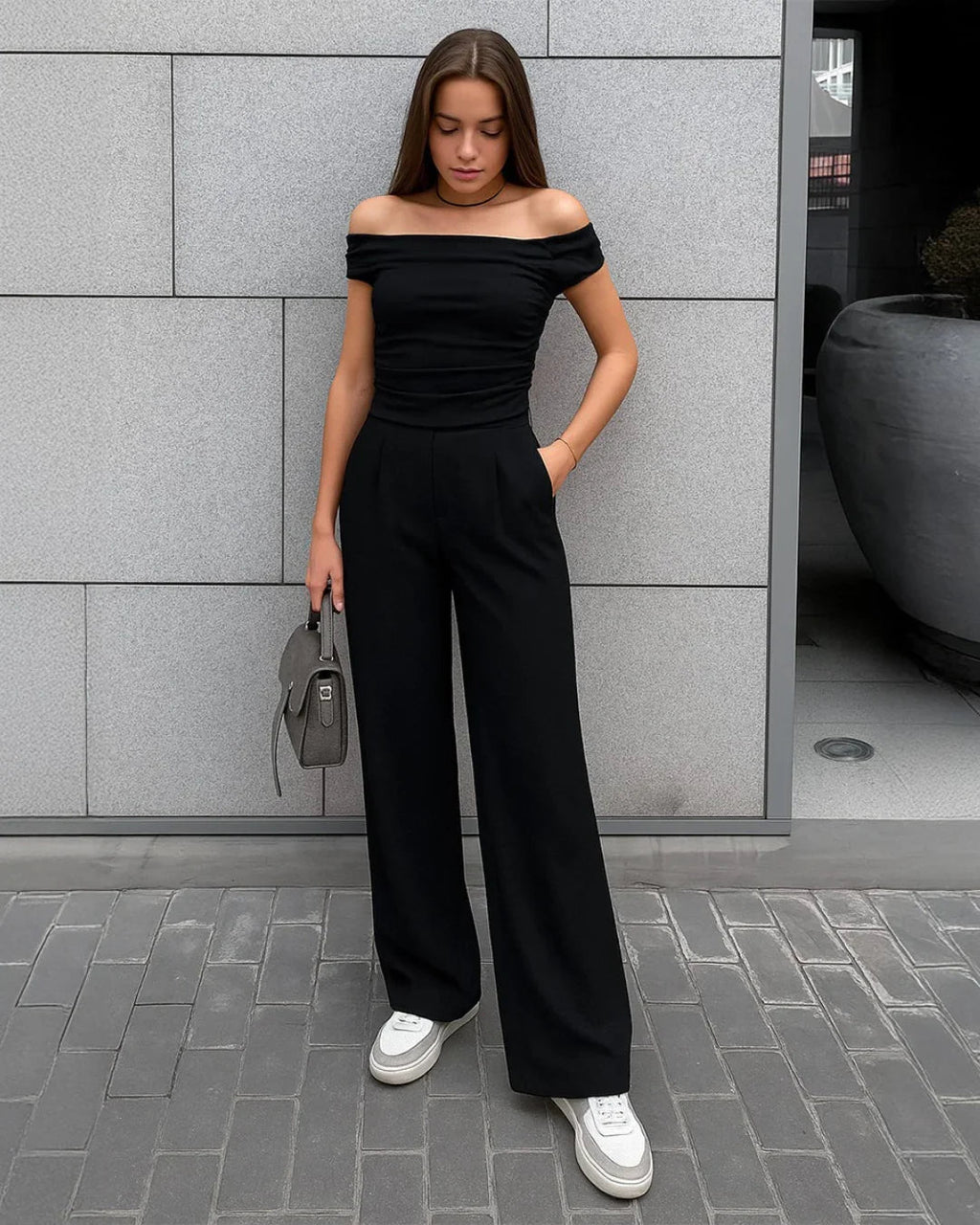 Off-shoulder Solid Texture Ruched Top With Mid Rise Solid Texture Straight Leg Trousers In Black