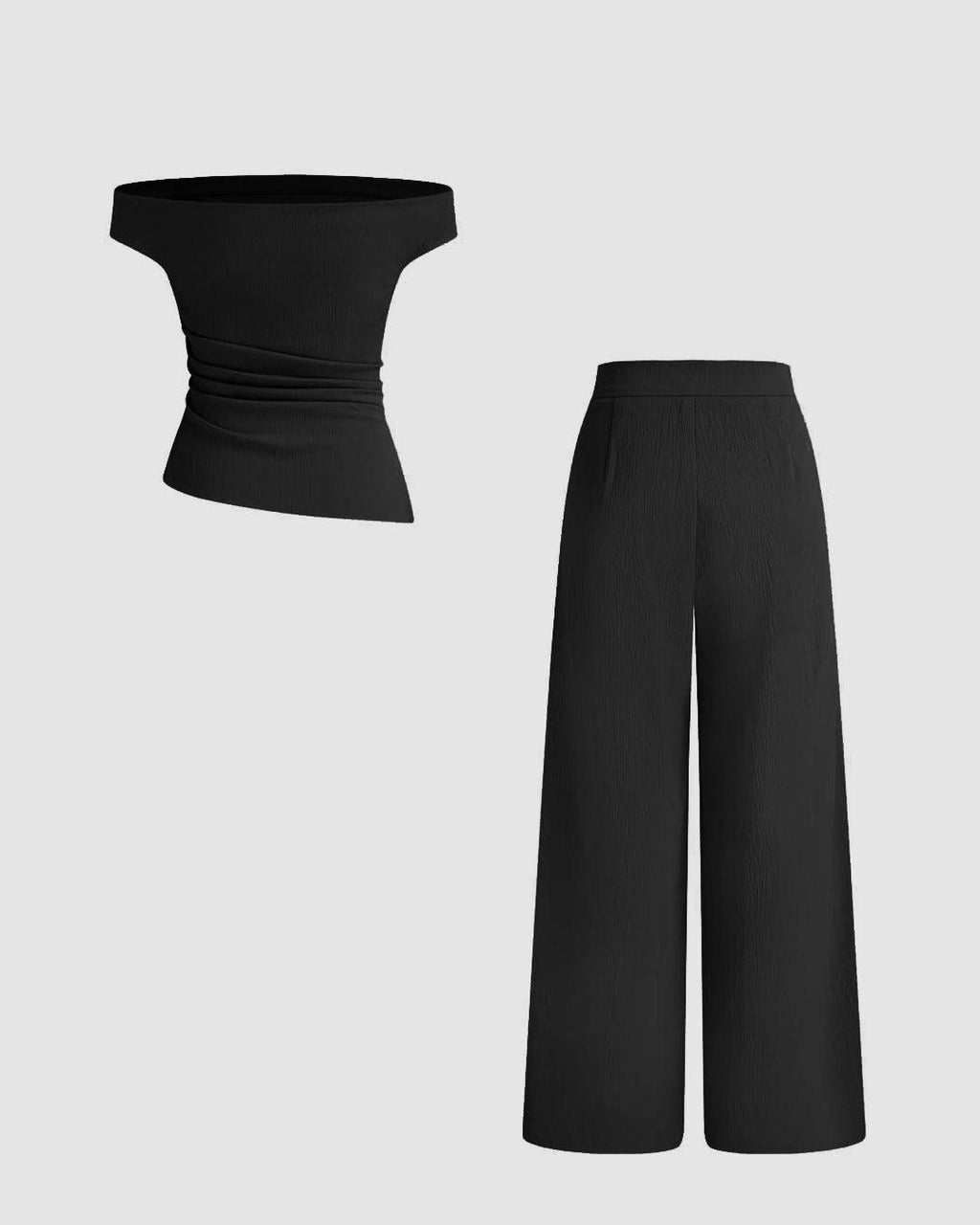 Off-shoulder Solid Texture Ruched Top With Mid Rise Solid Texture Straight Leg Trousers In Black