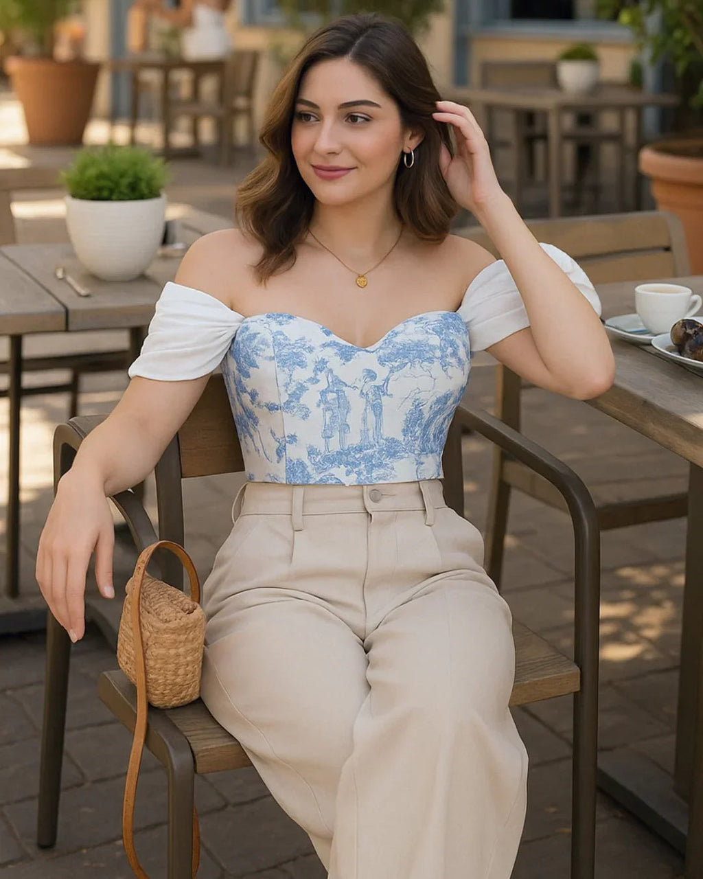 Off Shoulder Crop Blue And White Printed Corset Top