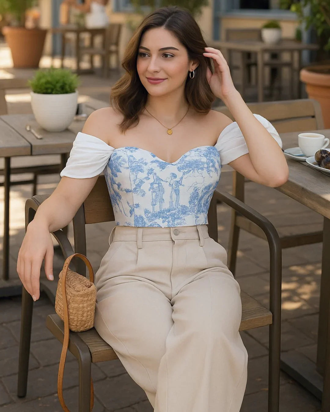 Off Shoulder Crop Blue And White Printed Corset Top
