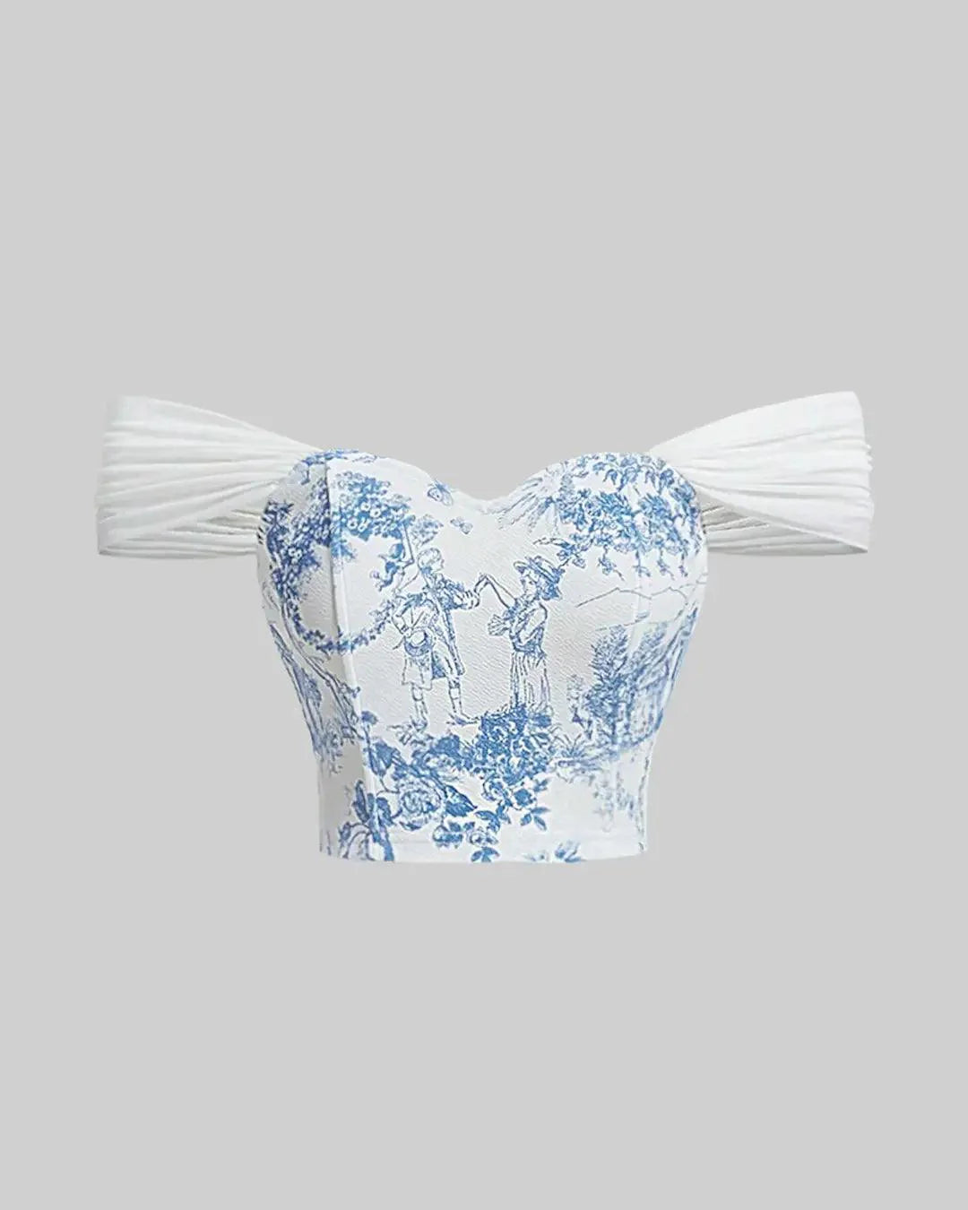 Off Shoulder Crop Blue And White Printed Corset Top