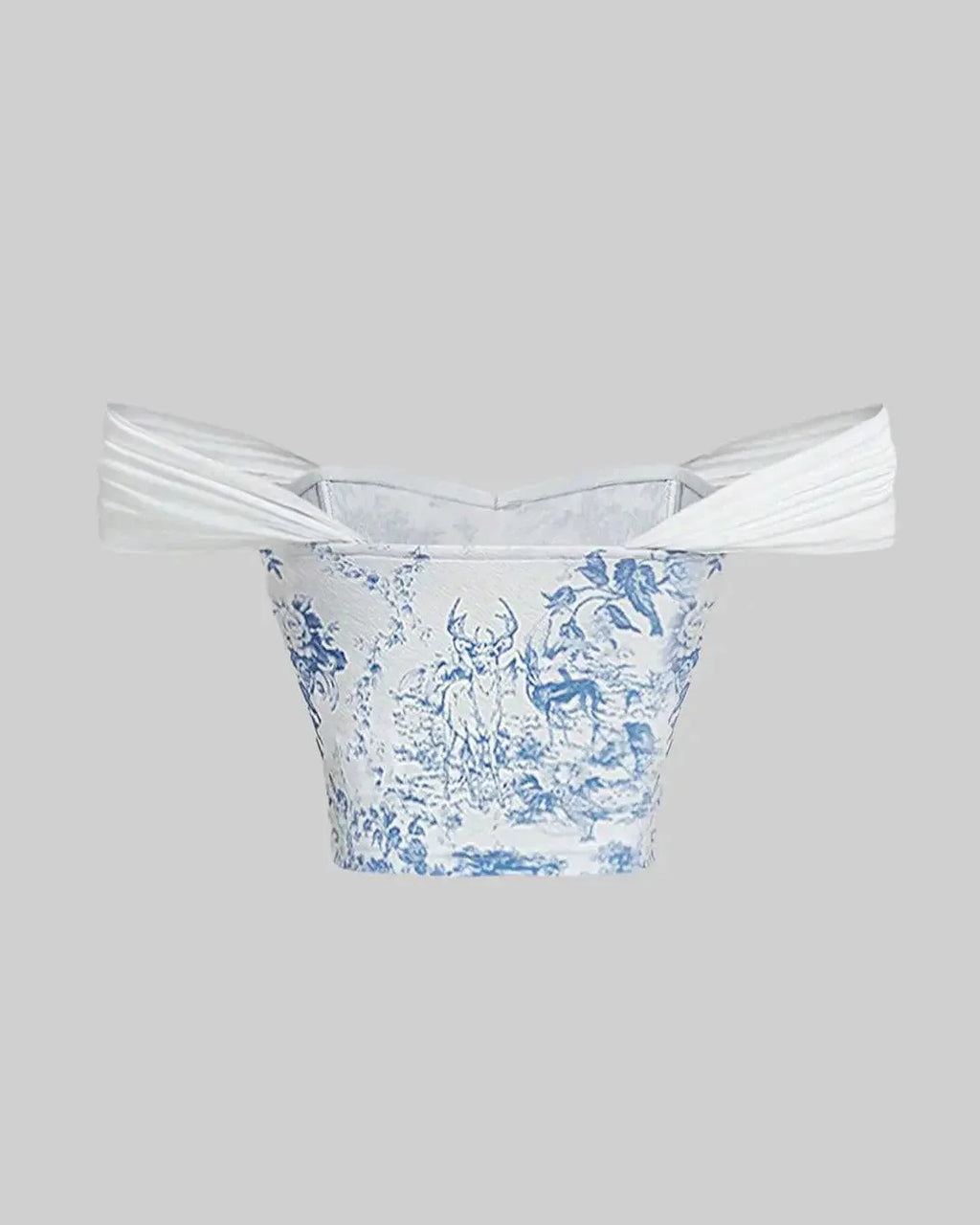 Off Shoulder Crop Blue And White Printed Corset Top