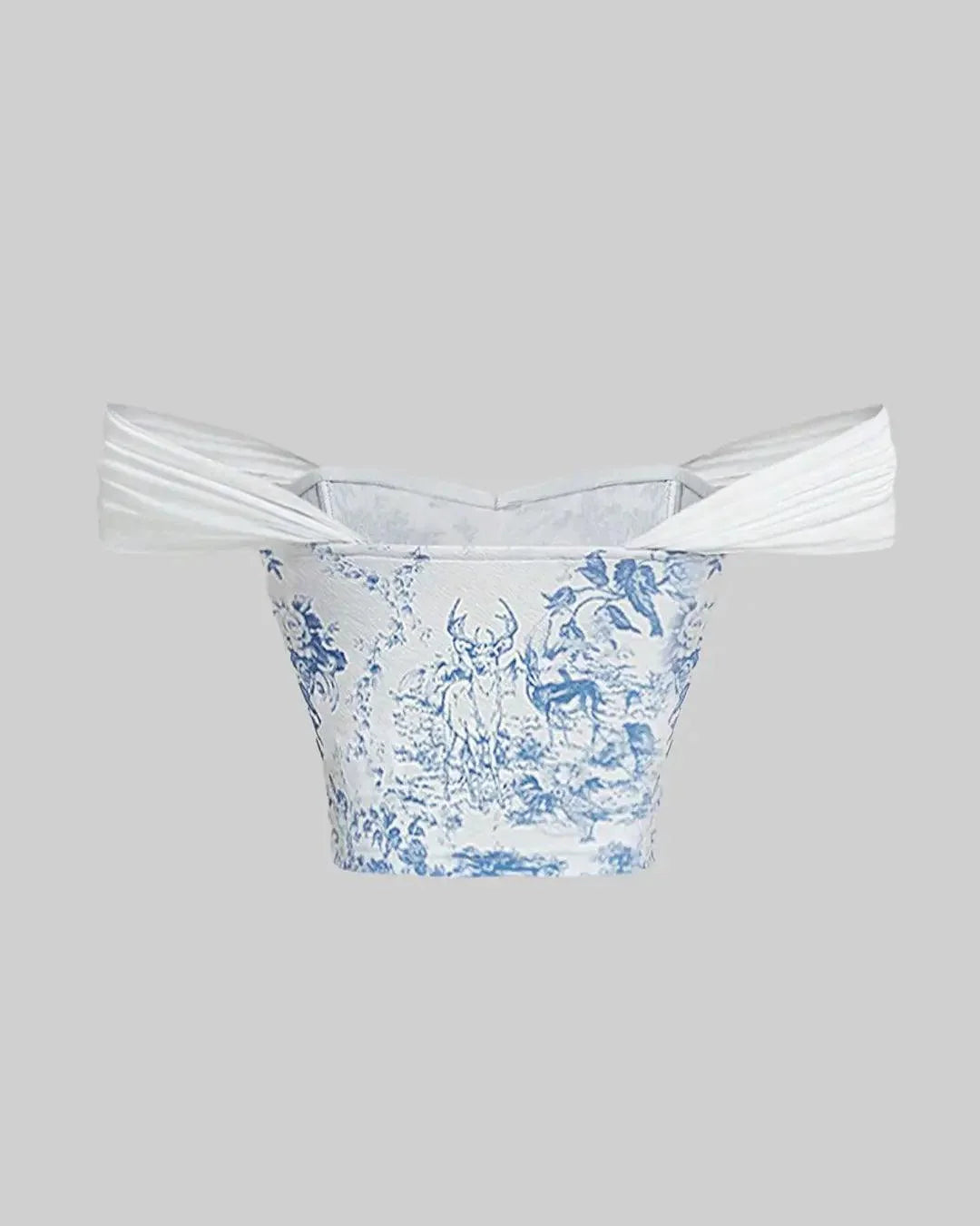 Off Shoulder Crop Blue And White Printed Corset Top