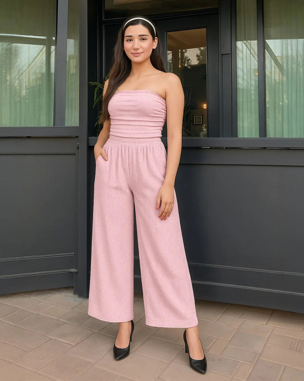 Off Shoulder Crop Top And Wide Leg Pant In Baby Pink