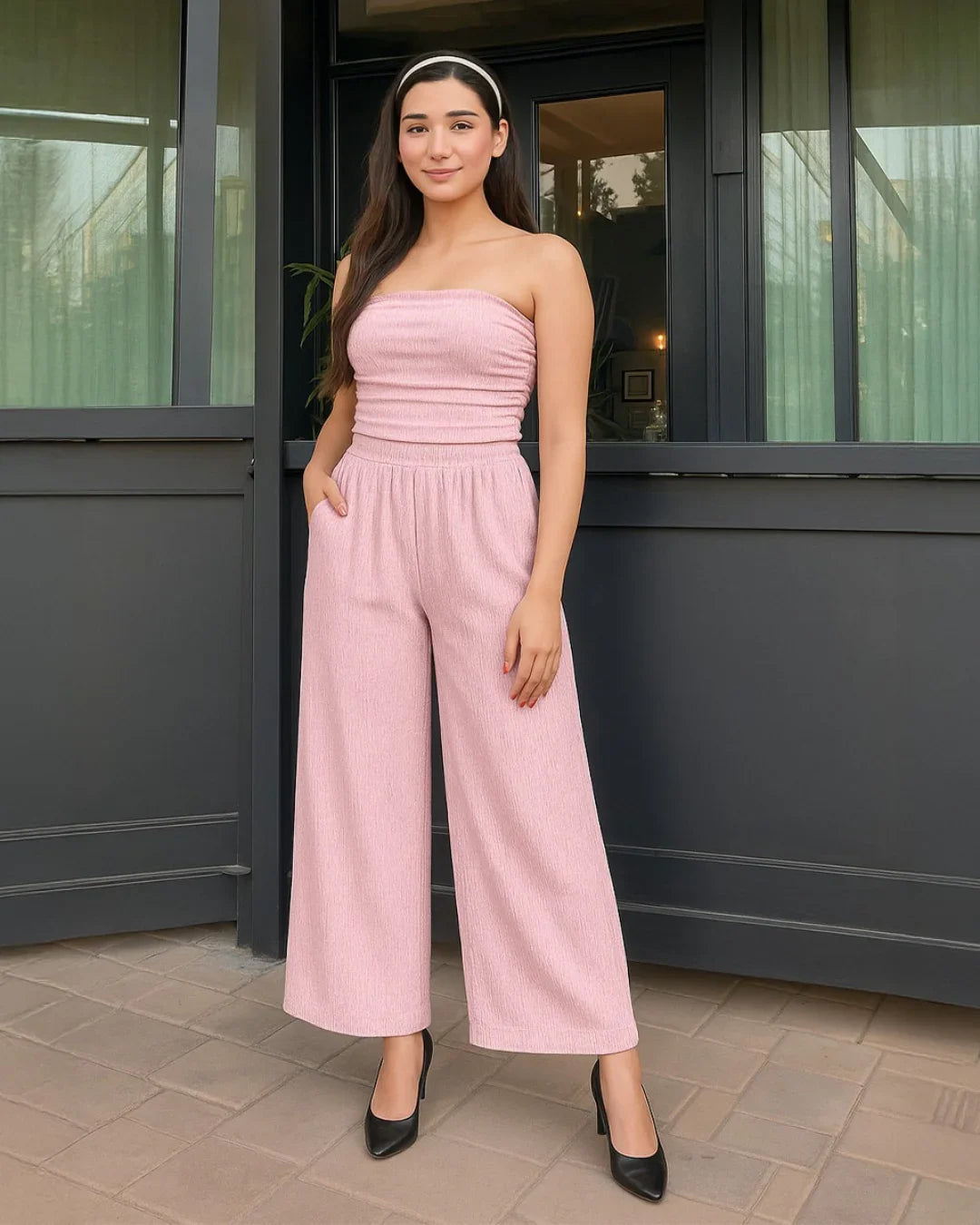 Off Shoulder Crop Top And Wide Leg Pant In Baby Pink