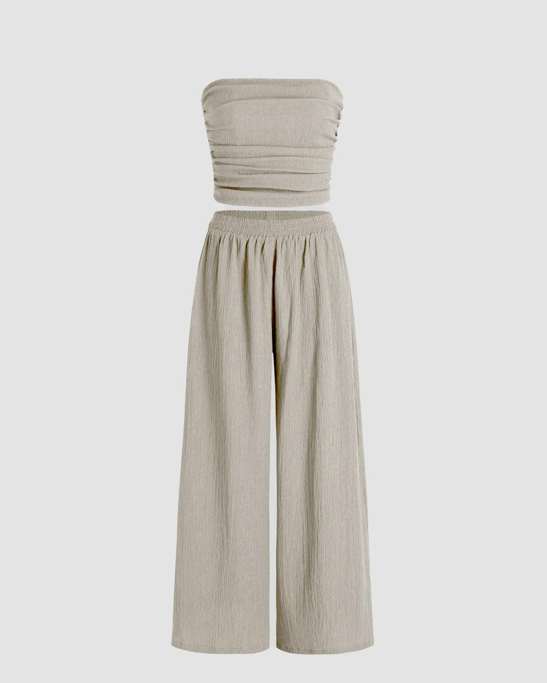 Off Shoulder Crop Top And Wide Leg Pant In Grey