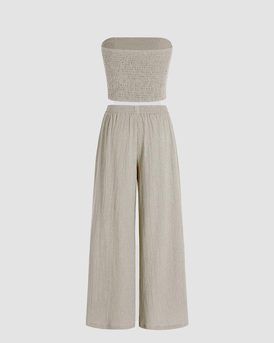 Off Shoulder Crop Top And Wide Leg Pant In Grey