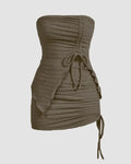 Off Shoulder Drawstring Ruched Crop Top And Mini Skirt In Smoke Green