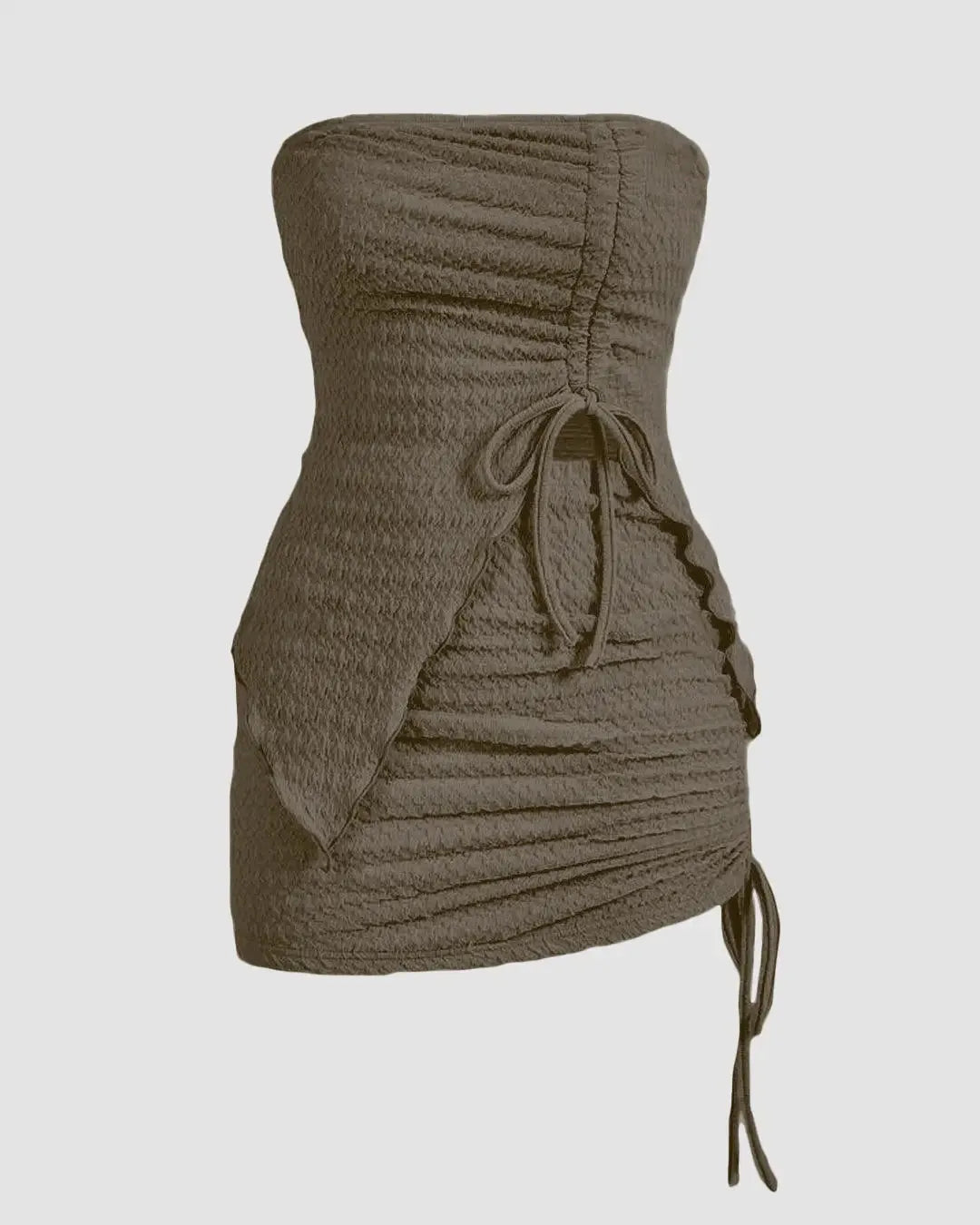 Off Shoulder Drawstring Ruched Crop Top And Mini Skirt In Smoke Green