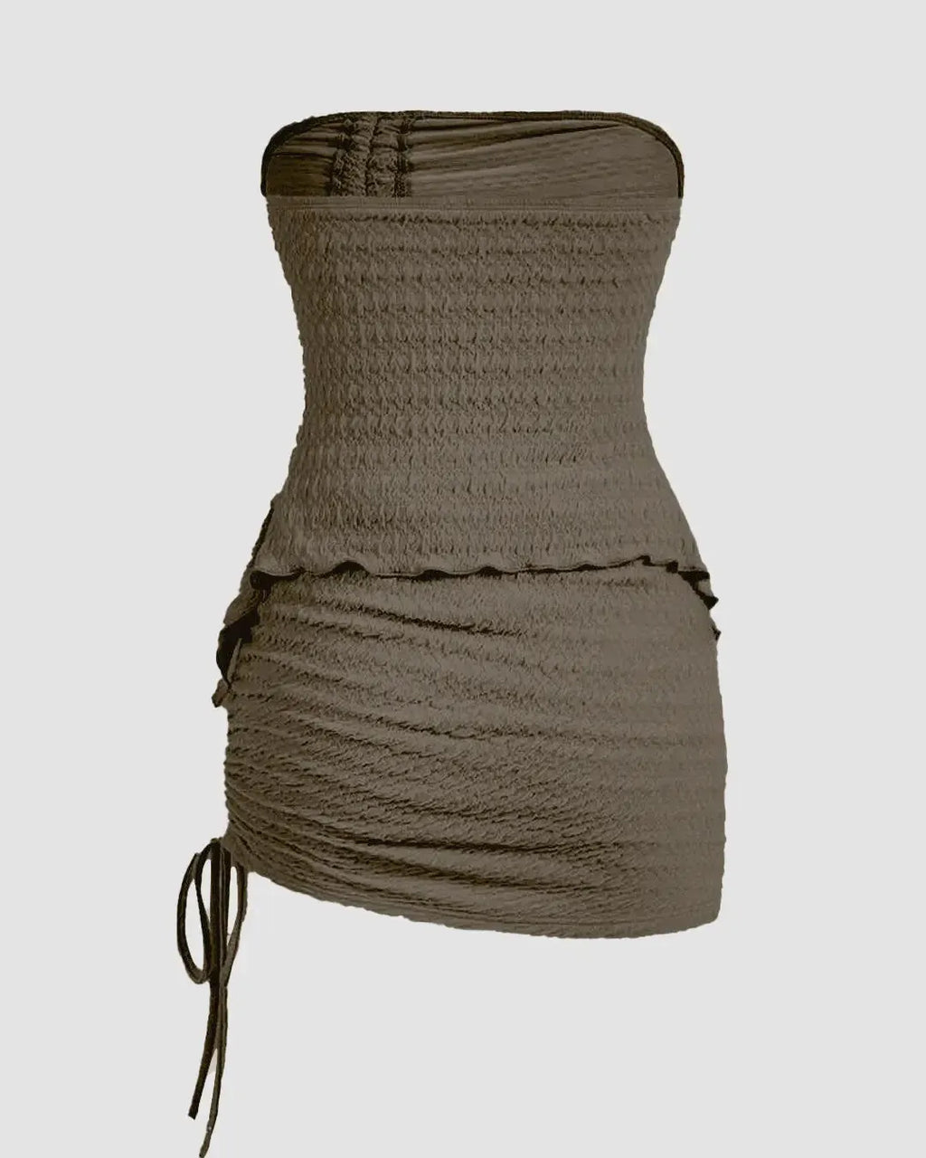 Off Shoulder Drawstring Ruched Crop Top And Mini Skirt In Smoke Green