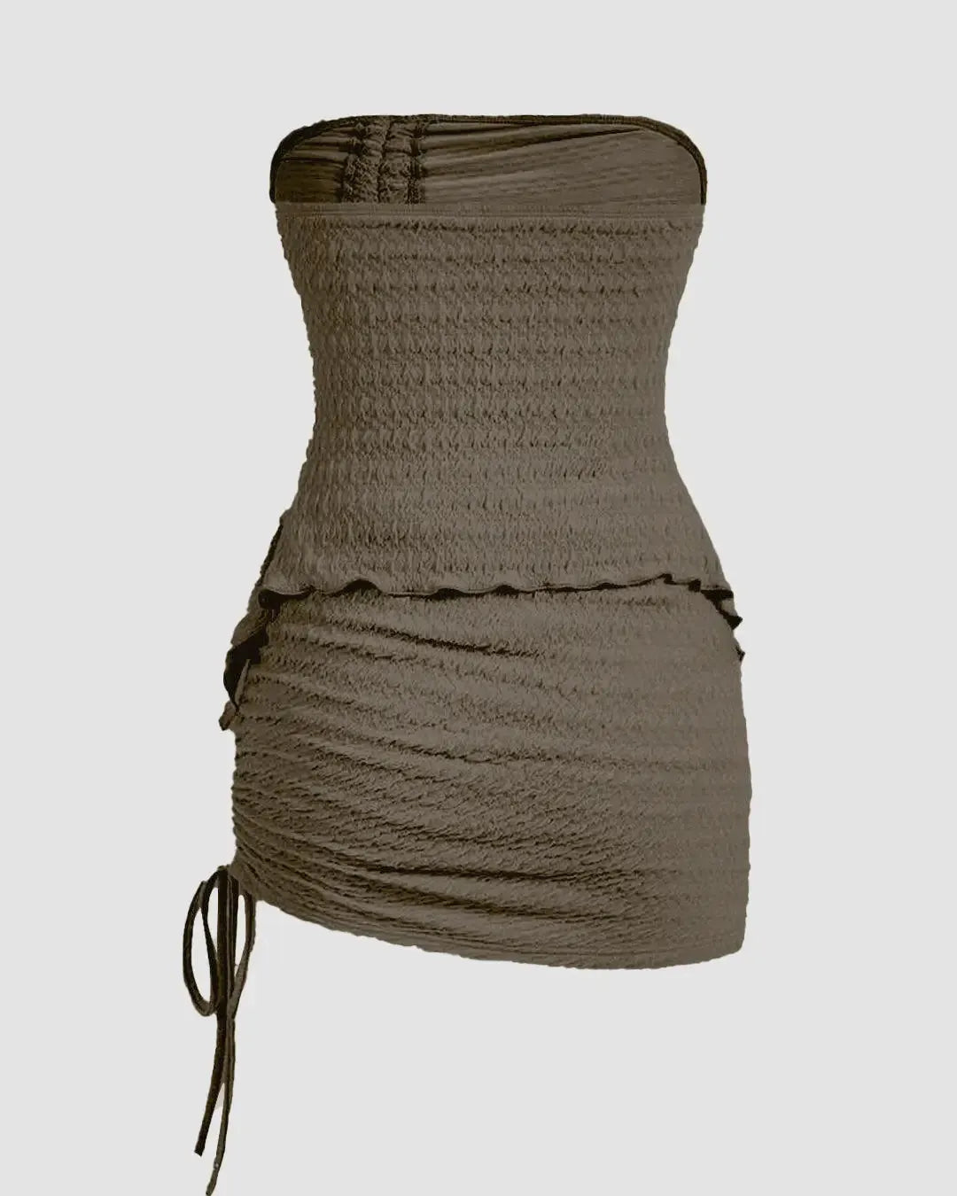 Off Shoulder Drawstring Ruched Crop Top And Mini Skirt In Smoke Green