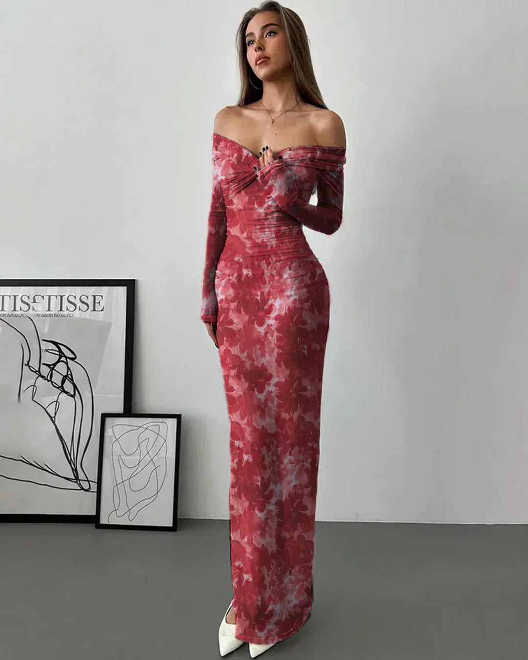Off Shoulder Full Sleeve Long Dress in Red Floral