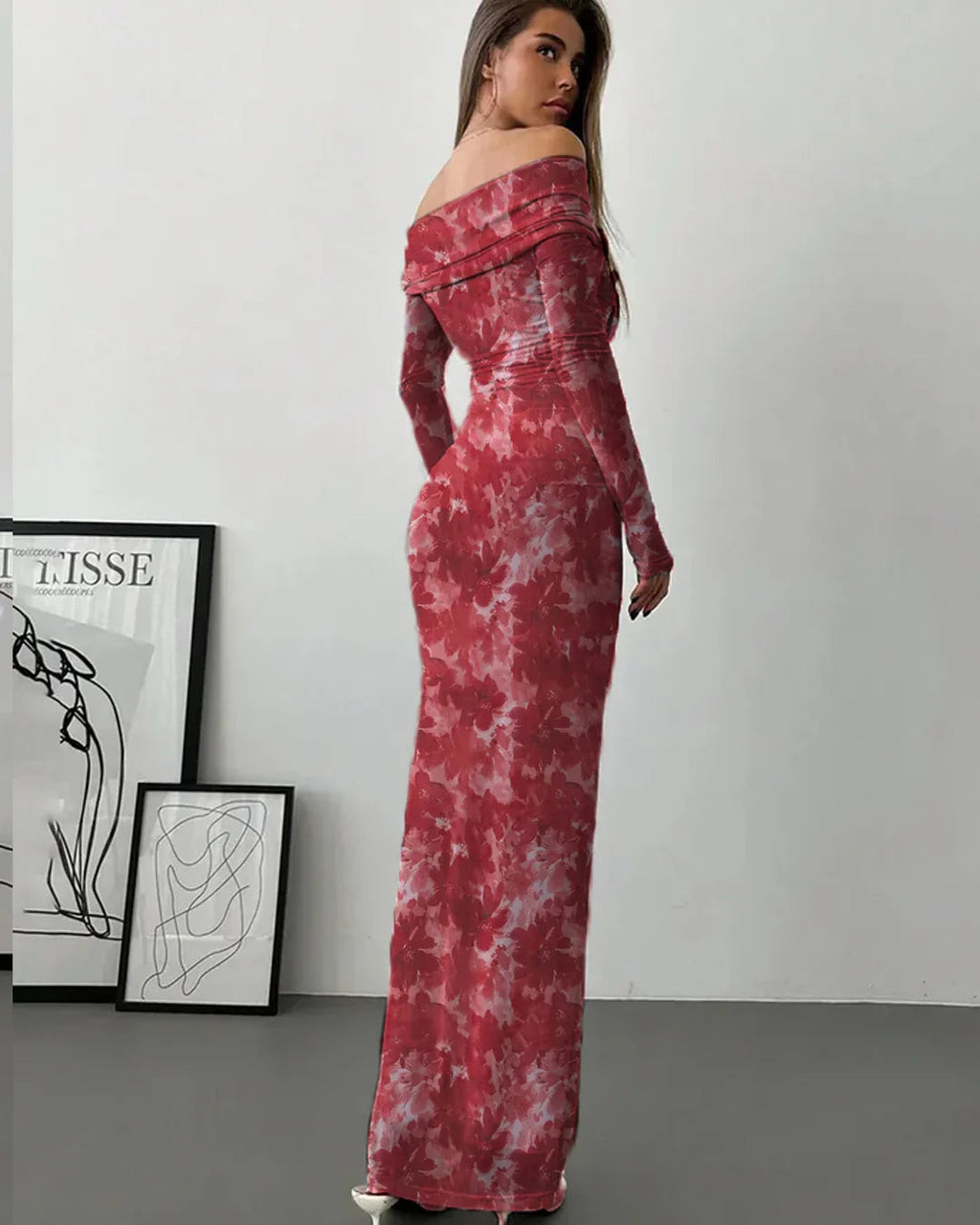 Off Shoulder Full Sleeve Long Dress in Red Floral