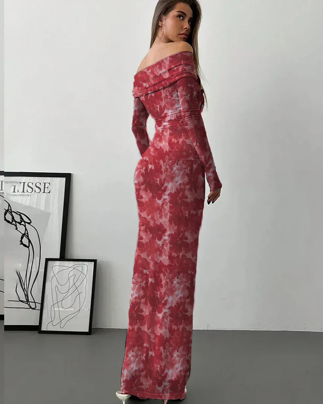 Off Shoulder Full Sleeve Long Dress in Red Floral