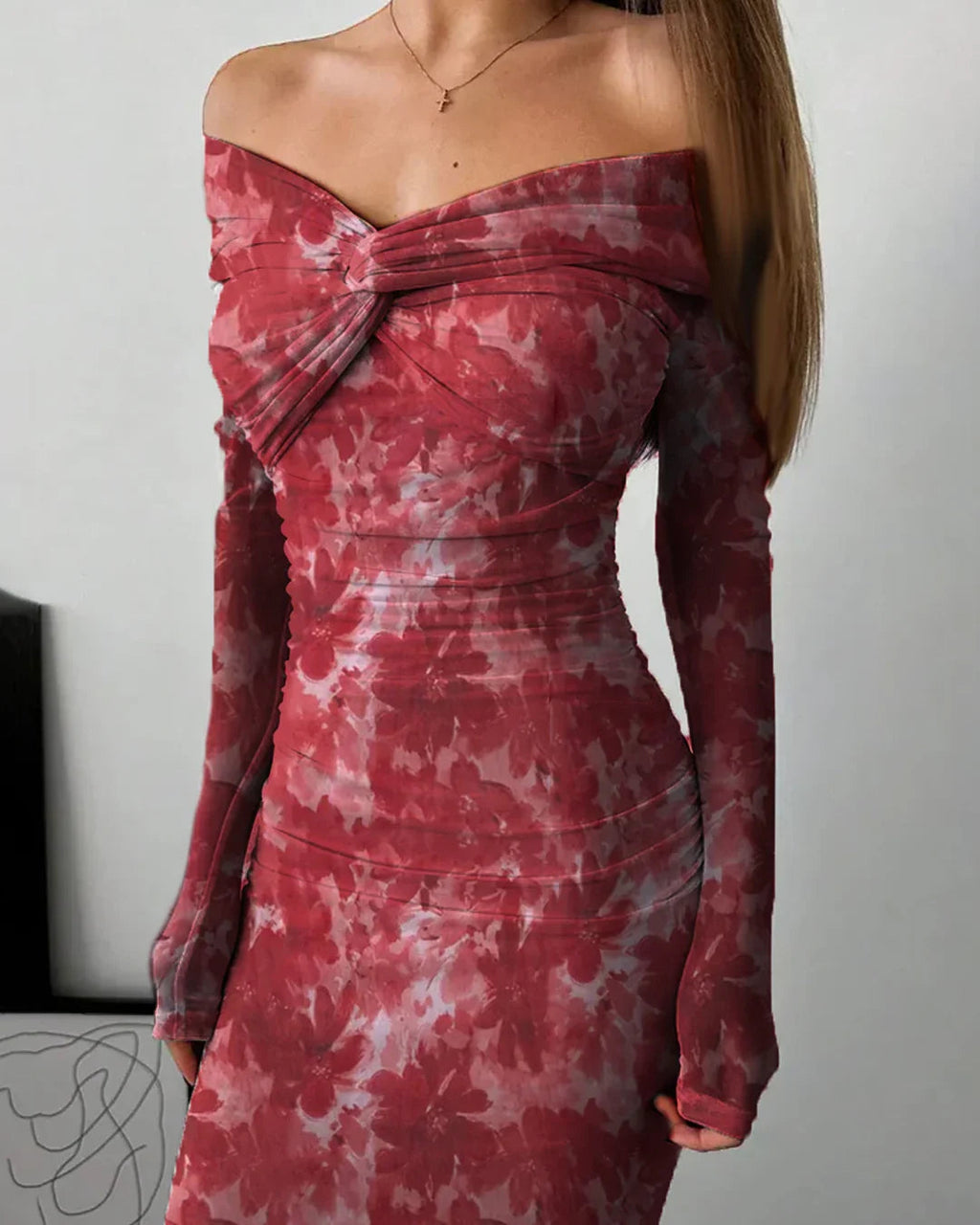 Off Shoulder Full Sleeve Long Dress in Red Floral
