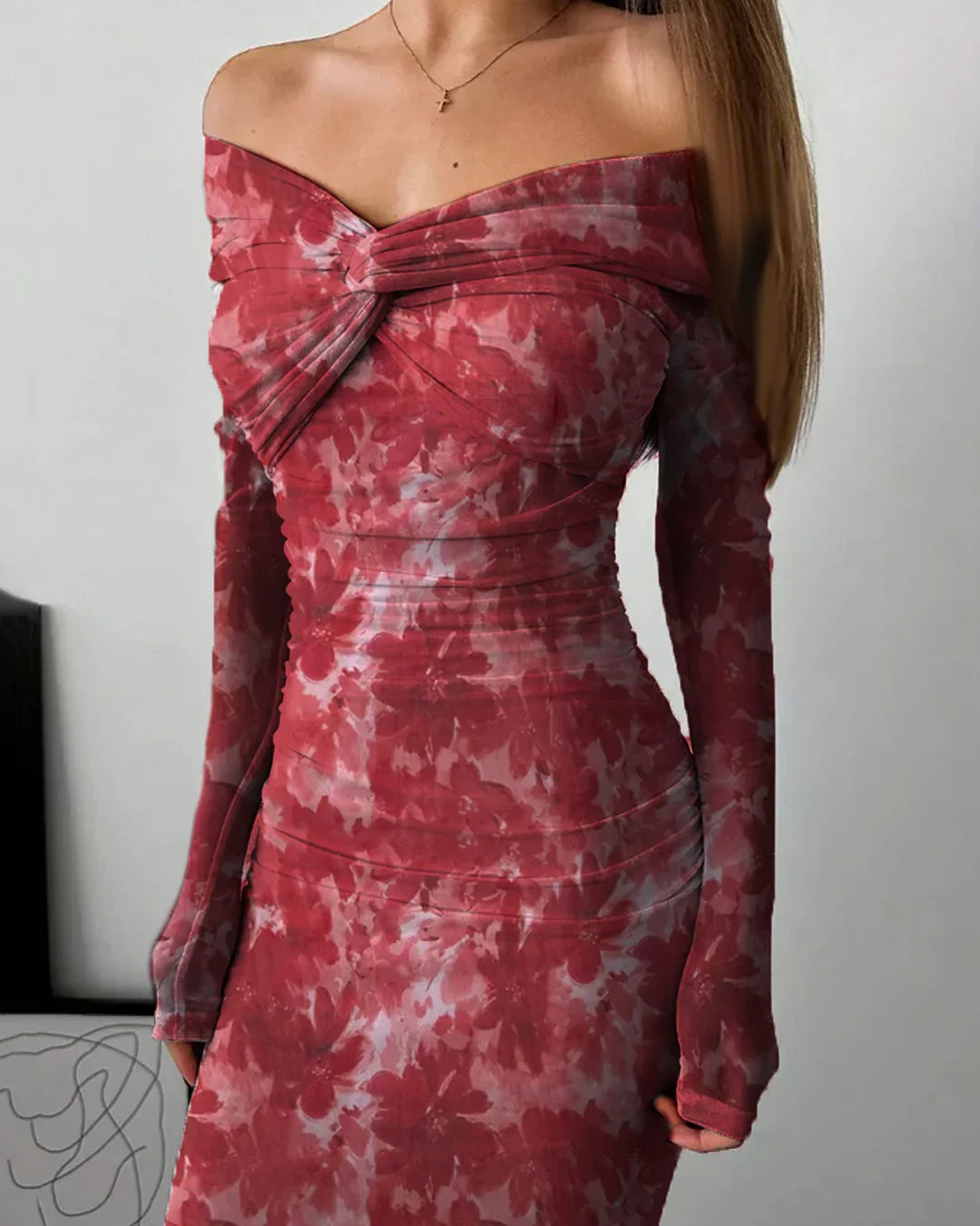 Off Shoulder Full Sleeve Long Dress in Red Floral