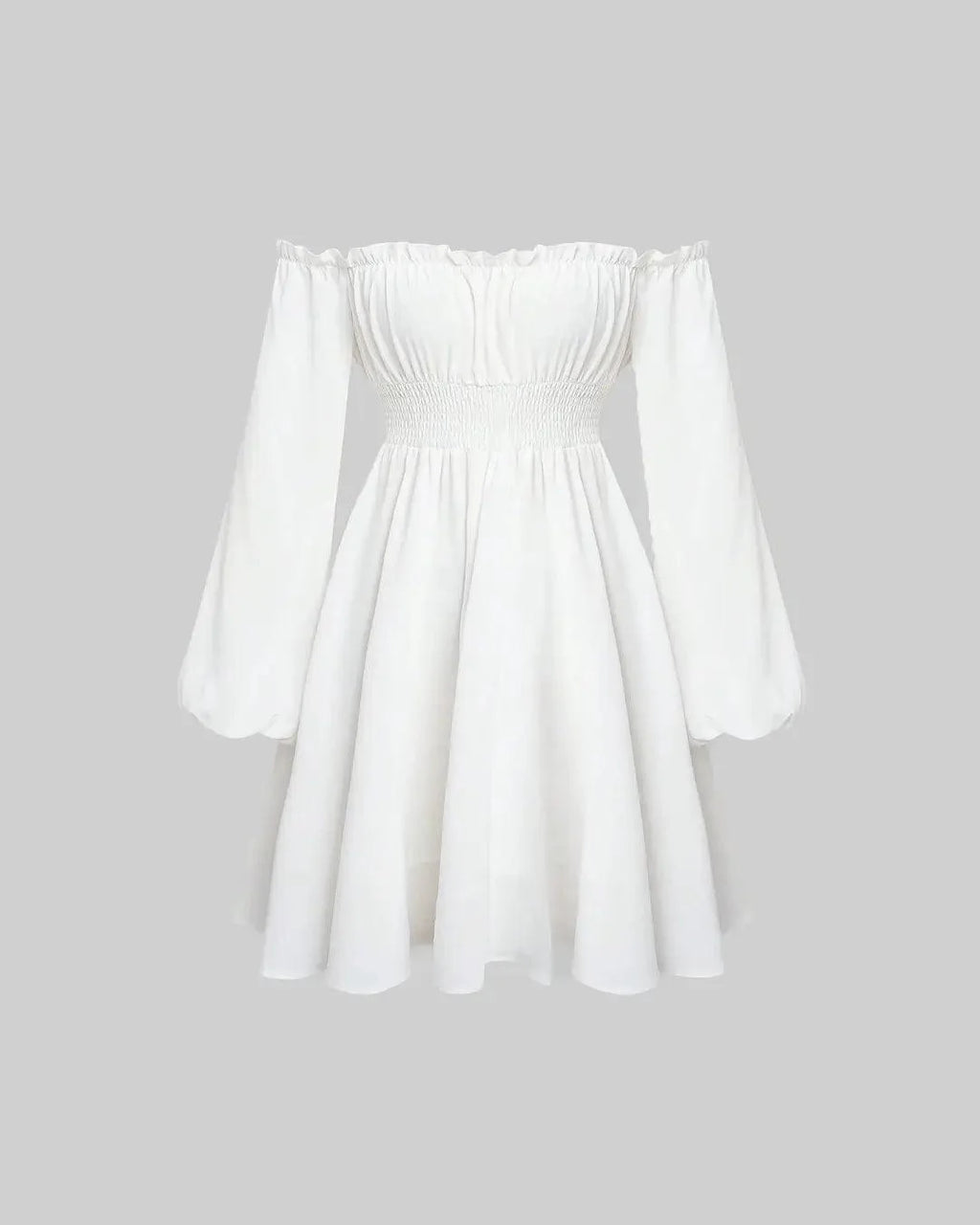Off Shoulder Lantern Sleeve Frill Trim Dress In White